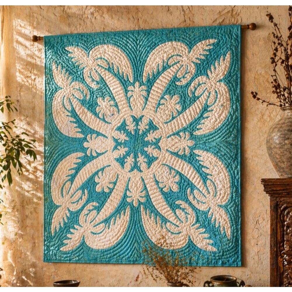 Vintage Hawaiian Quilt Pineapple Palm Trees 40" x 40" Hanging Blanket Aqua White
